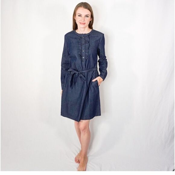 Draper James Chambray Belted Ruffle Long Sleeve Shift Dress - Picture 12 of 14